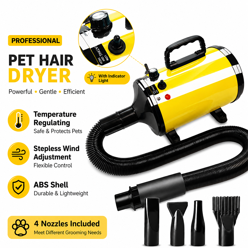 Smart pet blow dryer with stepless wind and heat adjustment system