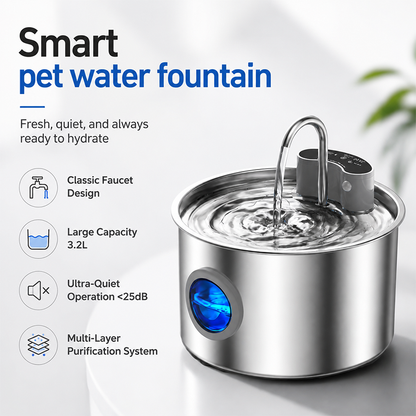 3.2L 304 Stainless Steel Smart Pet Water Fountain With Visualization Window For Cat And Dog