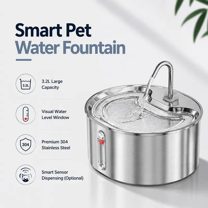 3.2L Stainless steel pet fountain with removable design for easy cleaning